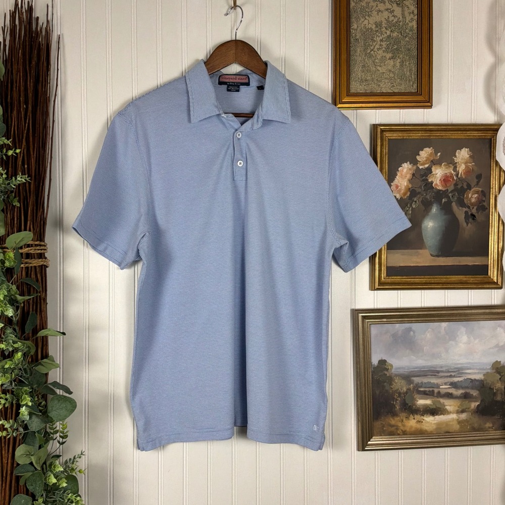 Vineyard Vines Polo Shirt Mens Large Blue Excellent Striped Mercerized Cotton